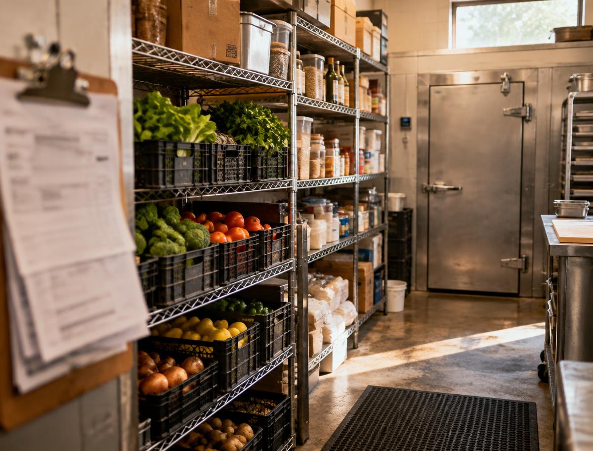 Back-of-house shelving stocked with produce crates and dry goods beside a walk-in cooler