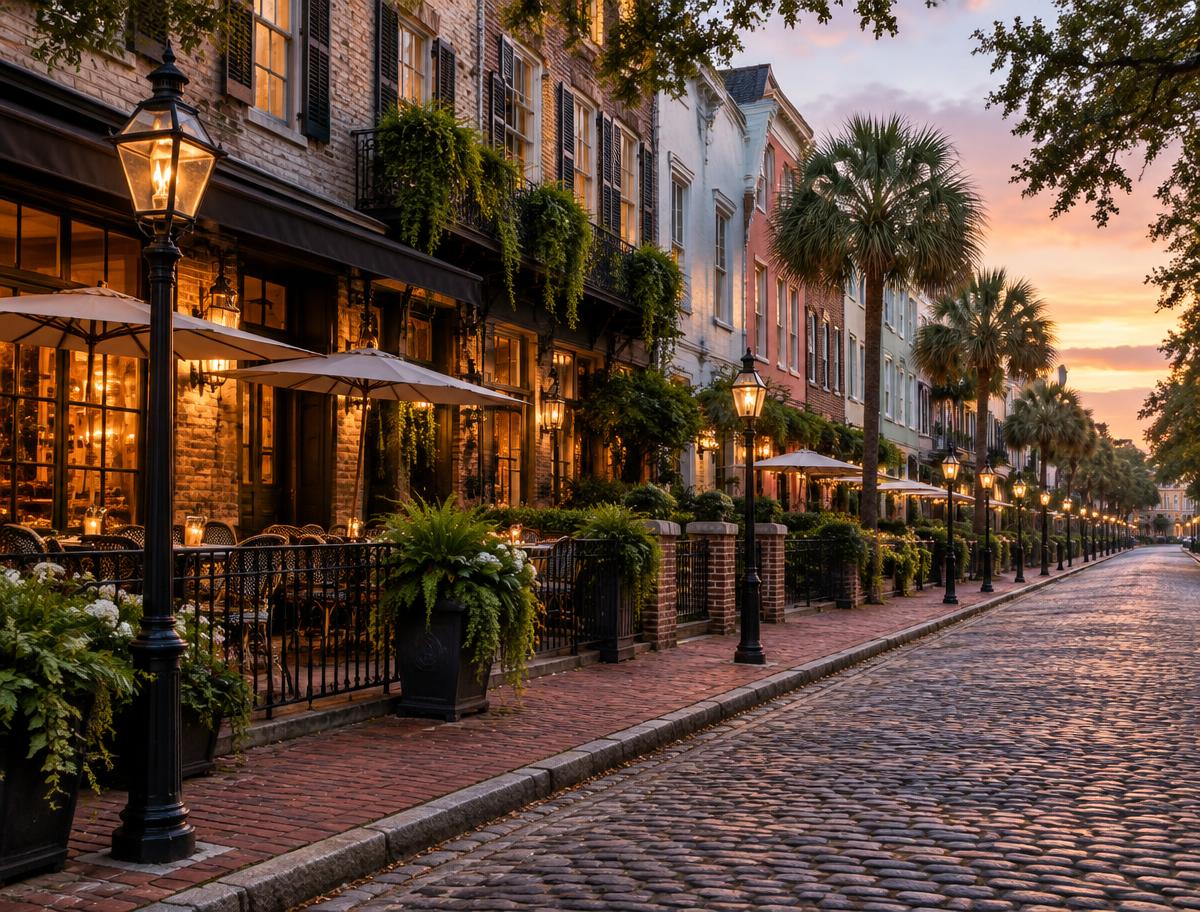 A historic Charleston street at dusk with glowing restaurant storefronts, patio tables, and gas-style lanterns