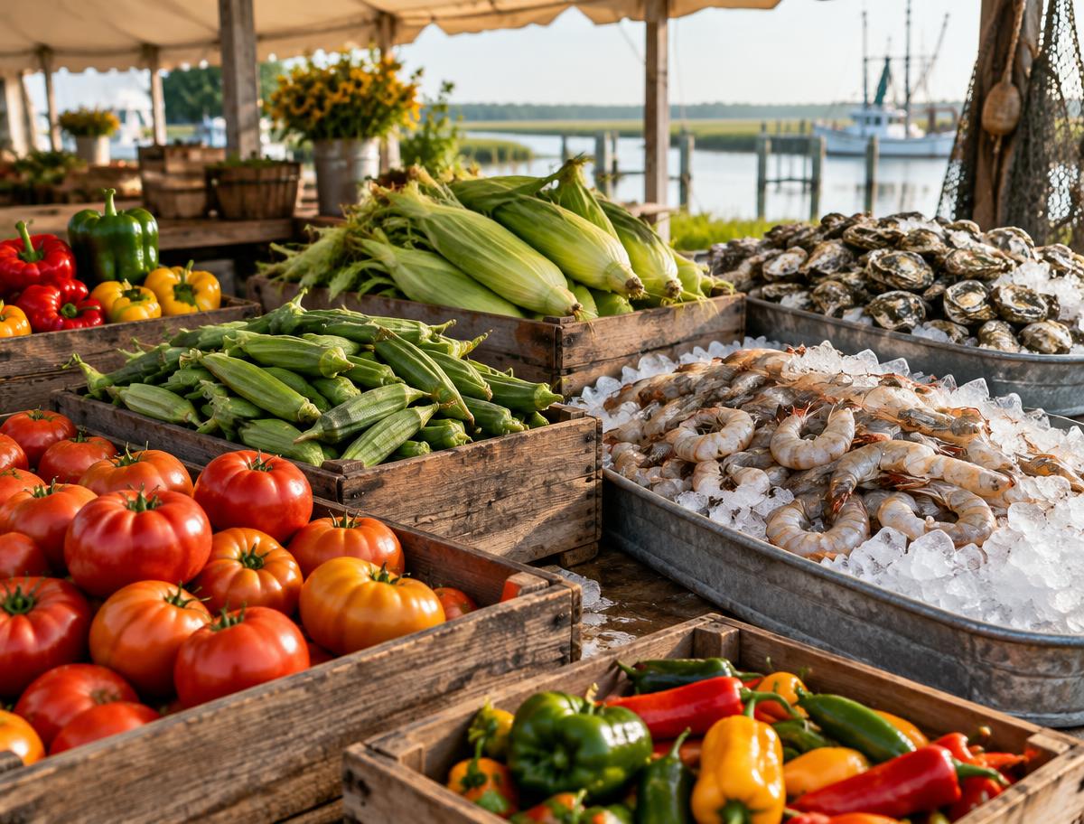 A coastal market stall with fresh produce crates, shrimp, and oysters resting on ice