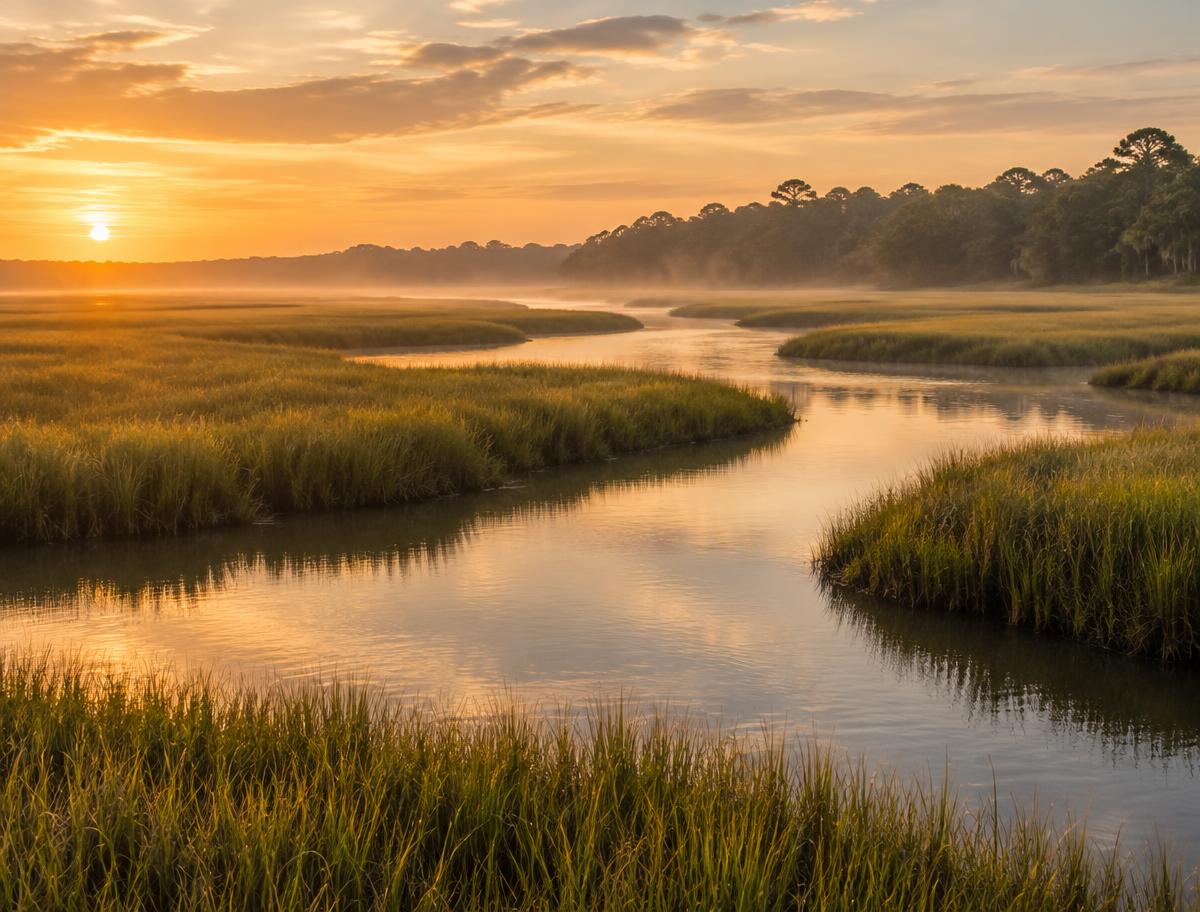 A Lowcountry tidal marsh at golden hour with a winding creek moving through cordgrass